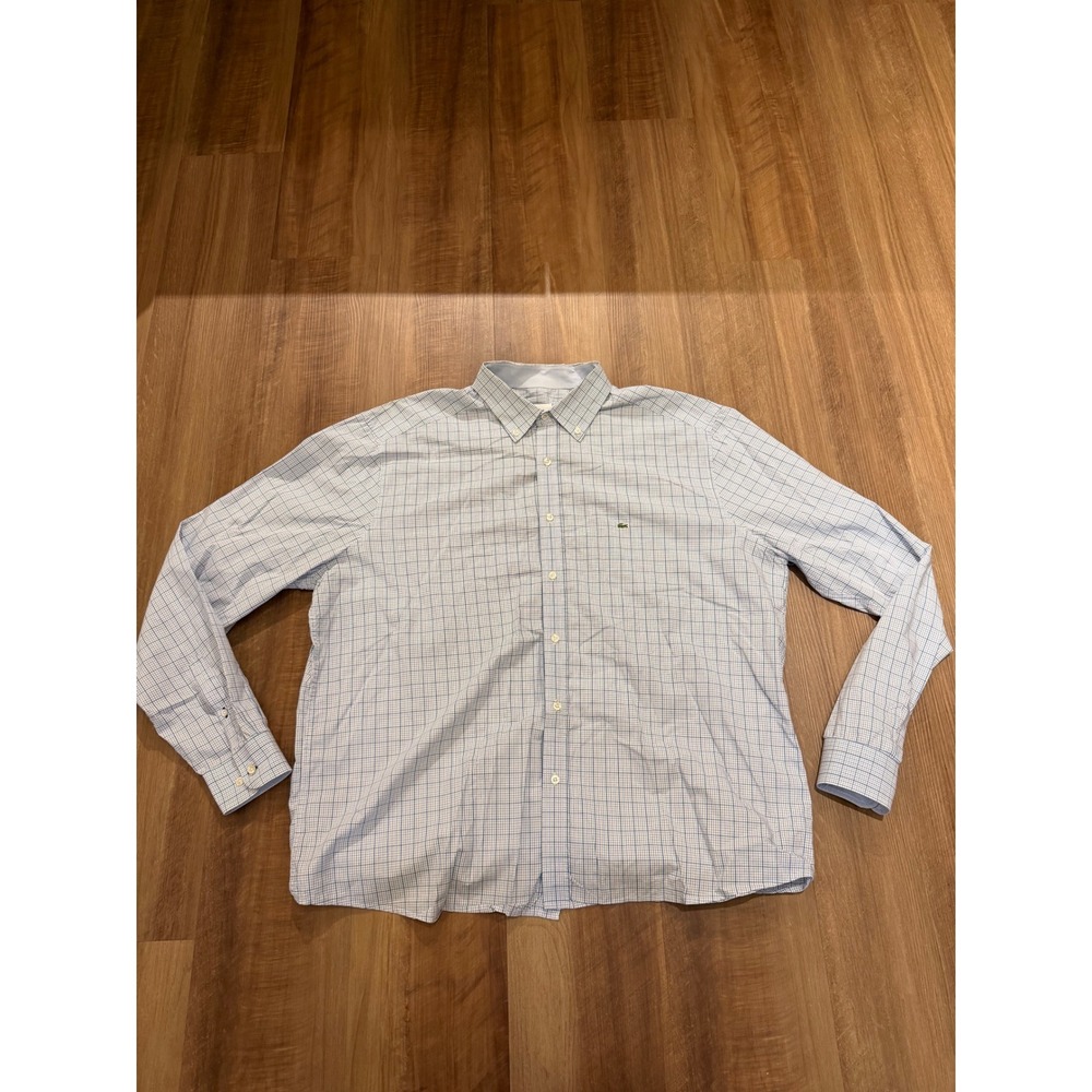 Lacoste Button Down Shirt Mens 46 Blue White Grid Check Slim Fit Long Sleeve